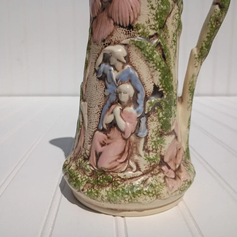 Vintage Handmade Pitcher Floral Relief Green Pink Majolica Style Victorian Vase